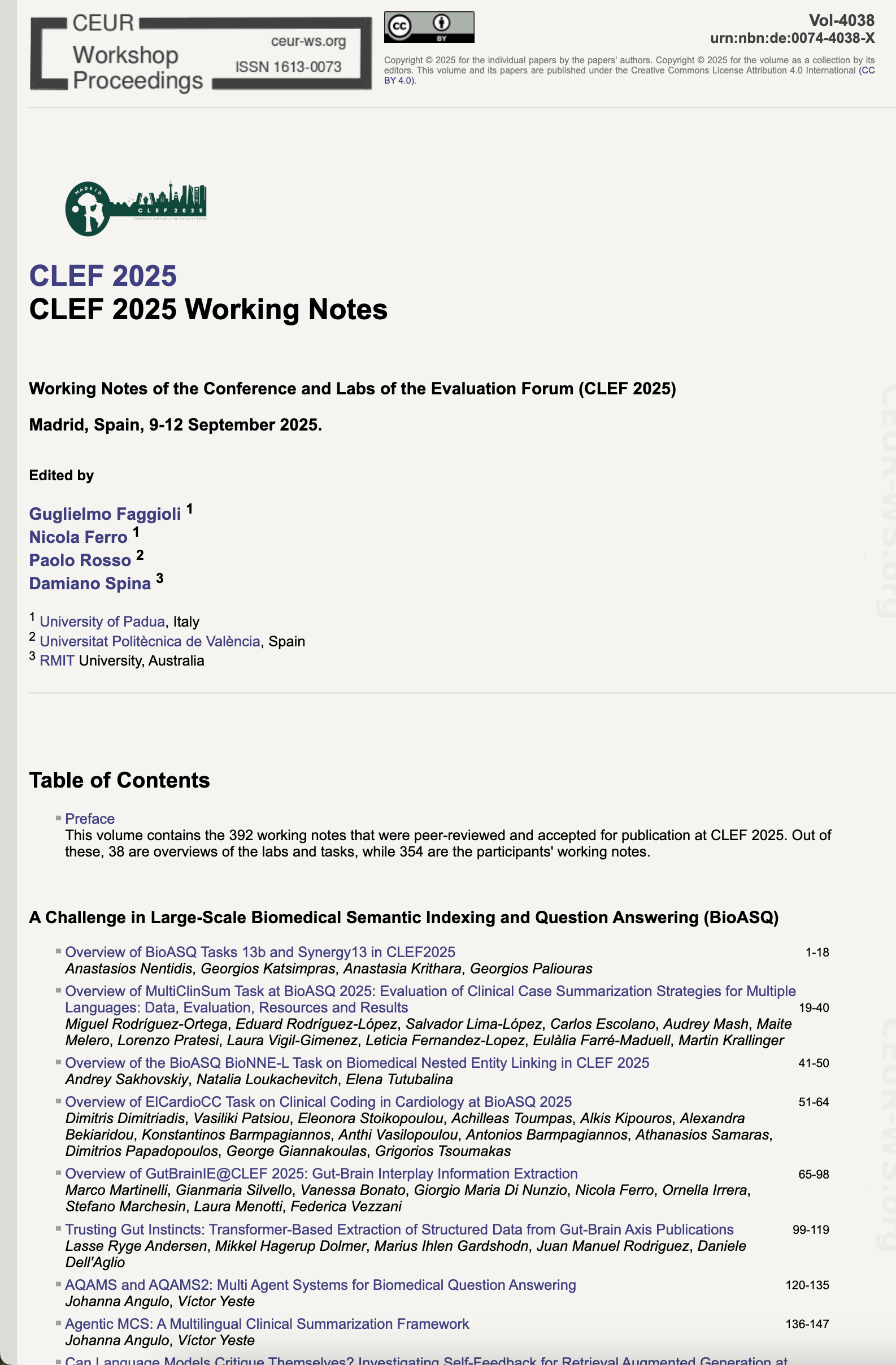 CLEF 2025 CEUR-WS Working Notes page